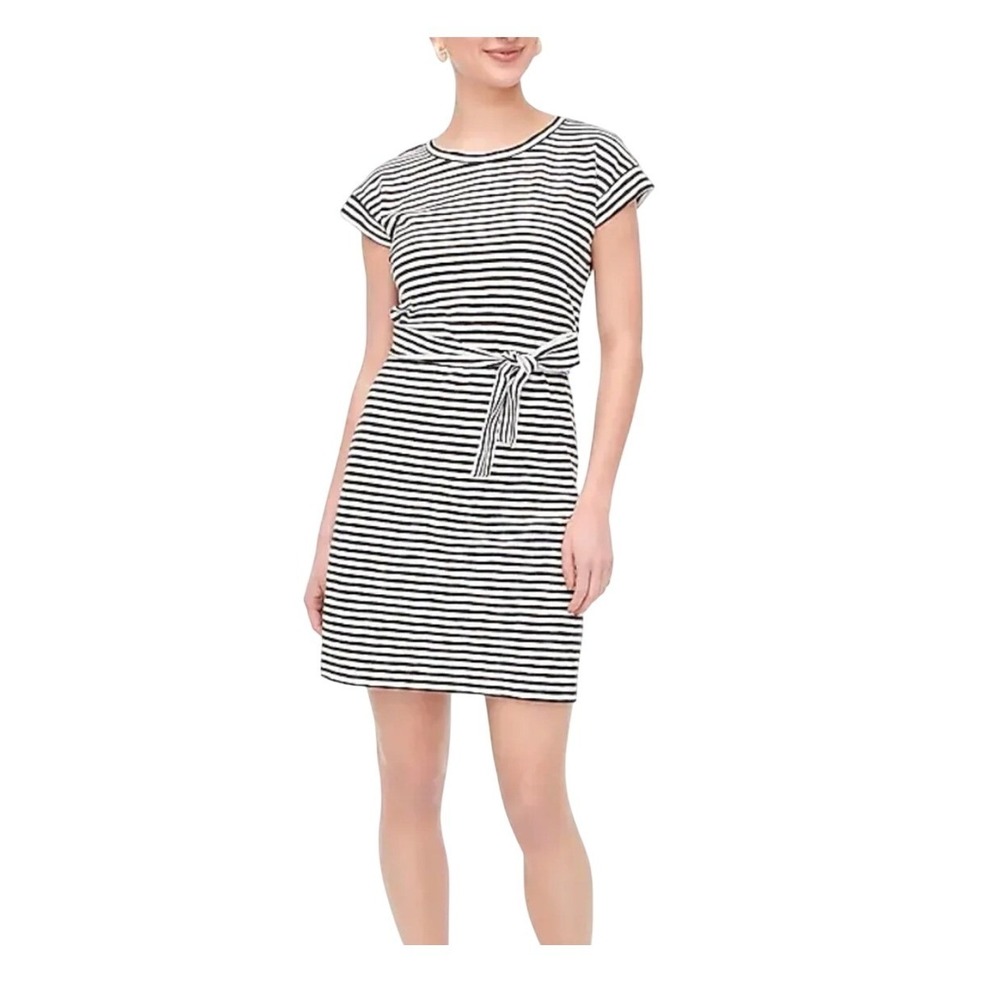 J. Crew Short Sleeve Striped Tie Waist T-shirt Mini Dress Black White Knit M